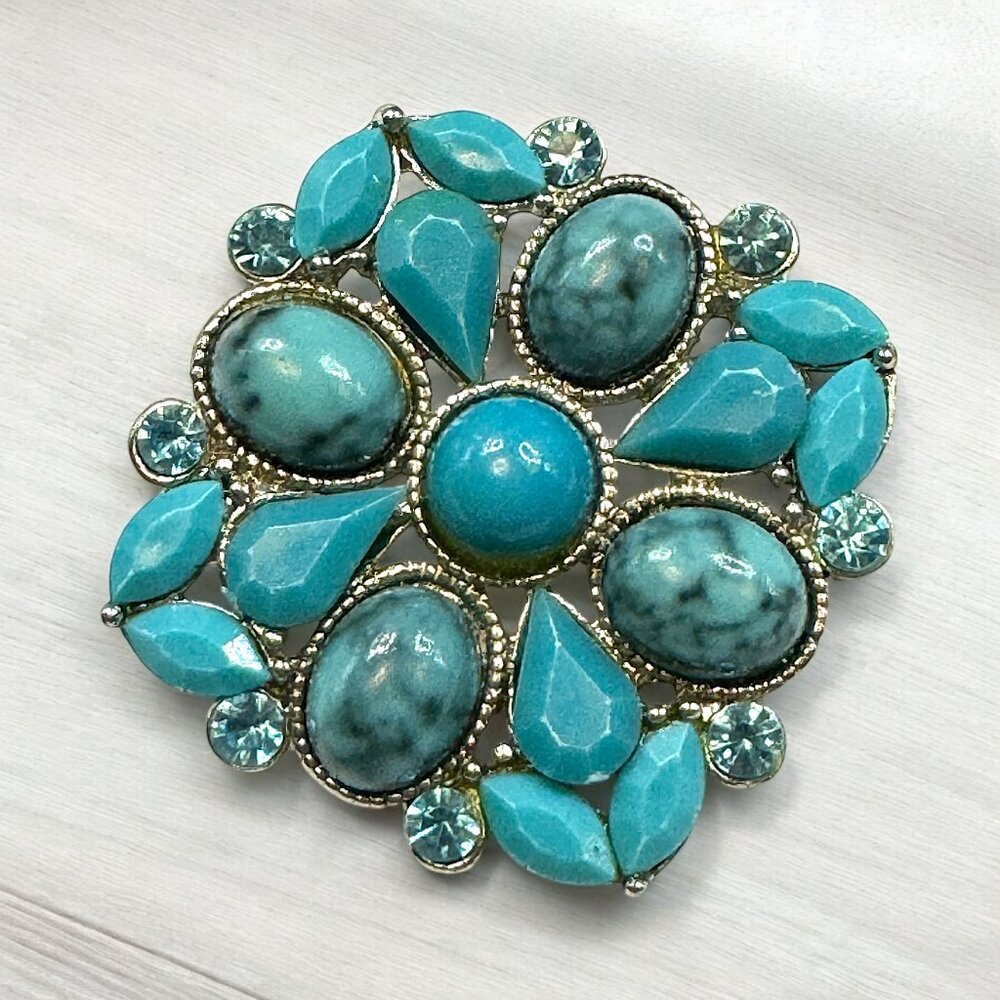 Vintage Turquoise Howlite Brooch Square with Blue Glass Rhinestones Silver Tone
